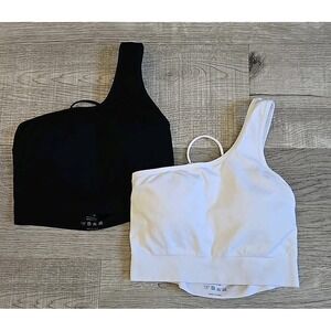 2 NVGTN One shoulder Lace Back  Crop Tank Sports Padded Bra Size XS Black White